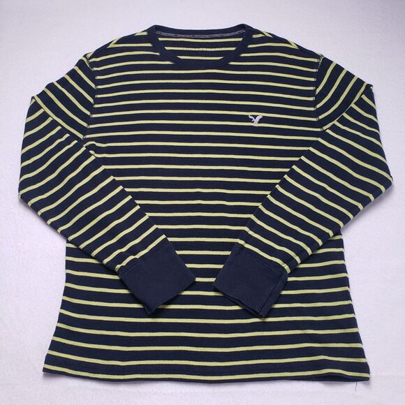 American Eagle Shirt Mens Large Blue Striped Waffle Thermal Long Sleeve Grunge - Picture 8 of 16